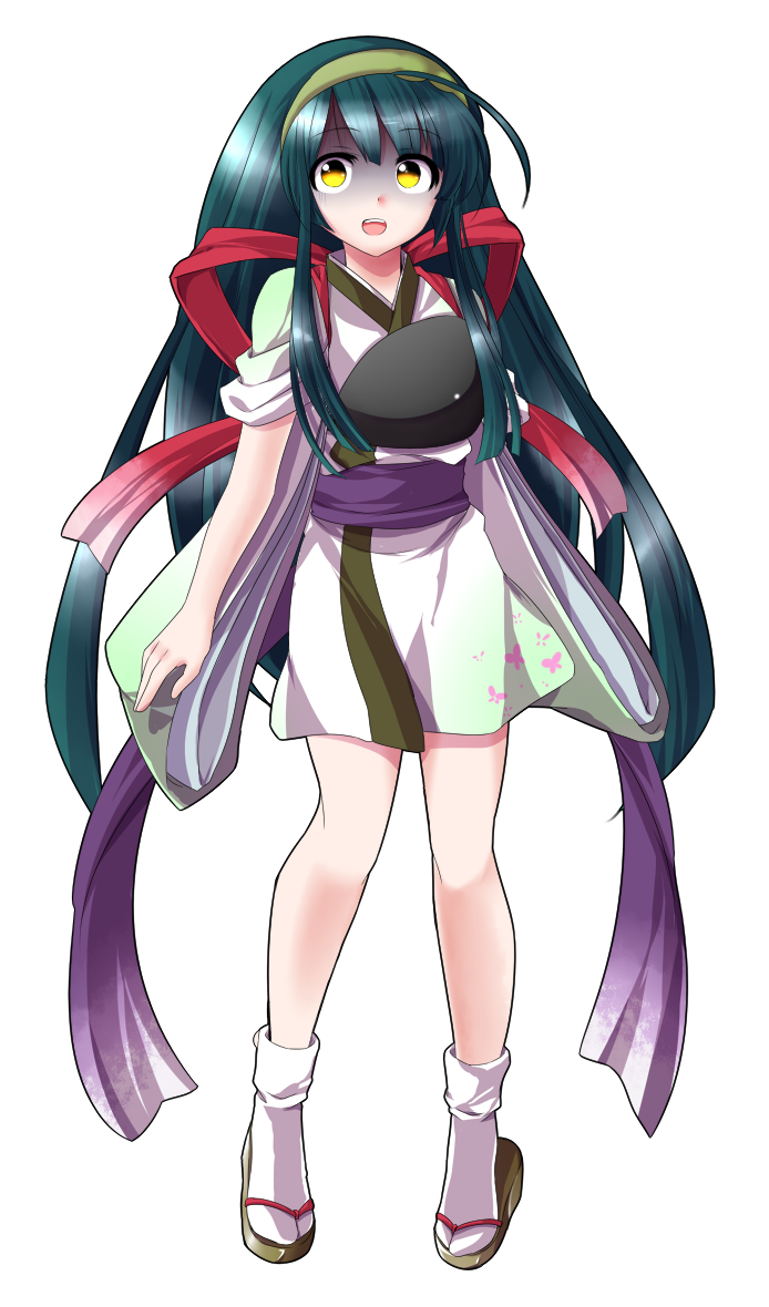 dairi, touhoku zunko, voiceroid, commentary request, large variant set, variant set, 1girl, animal print, armor, breastplate, butterfly print, full body, gradient ribbon, green hair, green hairband, green kimono, hairband, japanese clothes, kimono, long hair, muneate, purple sash, red ribbon, ribbon, sandals, sash, socks, solo, standing, tachi-e, transparent background, two-tone kimono, very long hair, white kimono, white socks