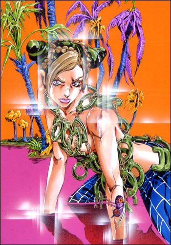 araki hirohiko, kuujou jolyne, jojo no kimyou na bouken, stone ocean, lowres, 1girl, cuffs, double bun, female focus, hair bun, handcuffs, multicolored hair, solo, tattoo, tree