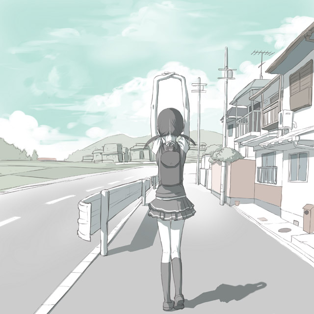 uni (plastic girl), original, 1girl, aerial, air conditioner, arms up, backpack, bag, building, cloud, day, female focus, from behind, full body, guard rail, house, kneehighs, monochrome, muted color, pleated skirt, power lines, road, shadow, skirt, sky, socks, solo, stretching, twintails, utility pole, vanishing point