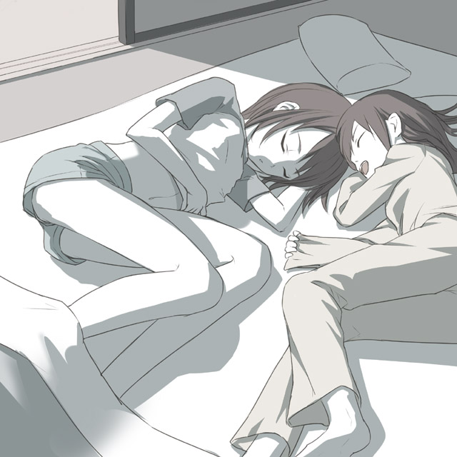uni (plastic girl), original, 2girls, closed eyes, monochrome, multiple girls, muted color, raglan sleeves, sleeping