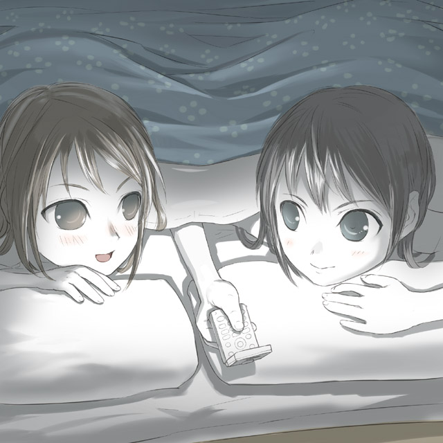 uni (plastic girl), original, 2girls, cellphone, monochrome, multiple girls, muted color, phone