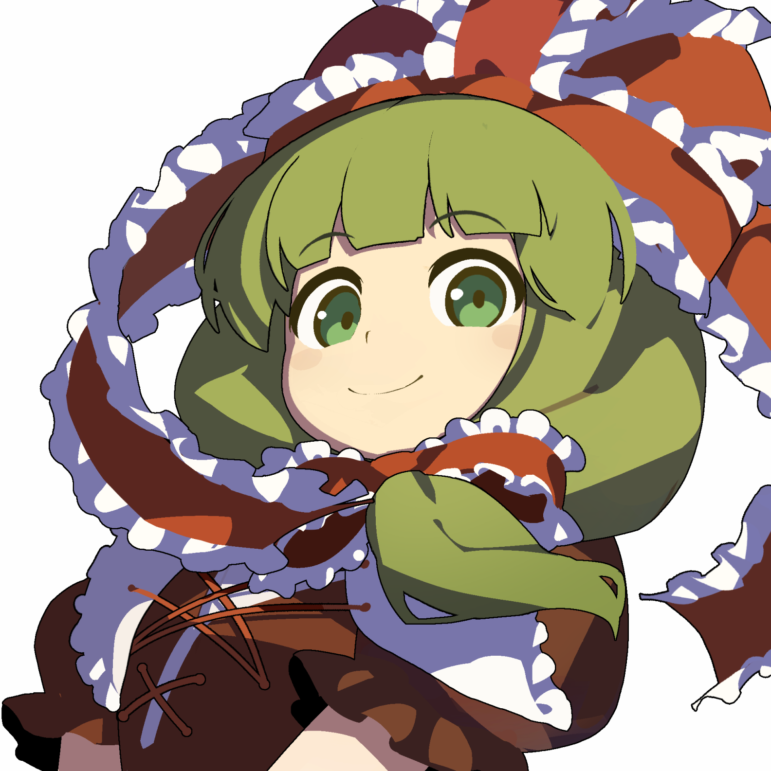 monosenbei, kagiyama hina, touhou, commentary request, highres, 1girl, bow, brown dress, closed mouth, dress, frilled bow, frills, green eyes, green hair, hair bow, long hair, looking at viewer, puffy short sleeves, puffy sleeves, red bow, short sleeves, simple background, smile, solo, upper body, white background