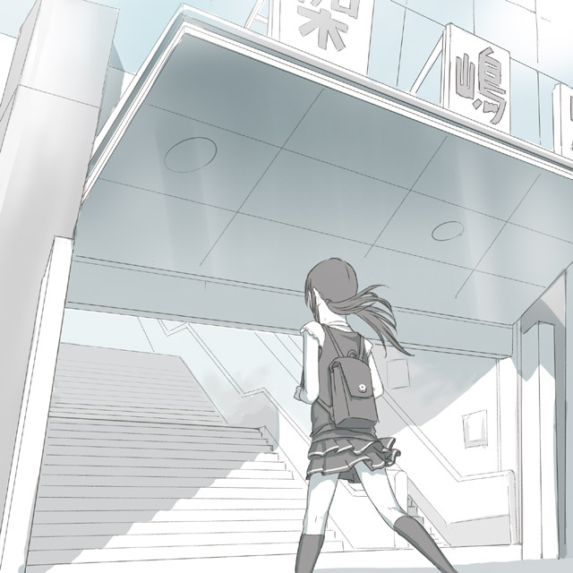 uni (plastic girl), original, 1girl, day, female focus, kneehighs, miniskirt, monochrome, muted color, outdoors, skirt, socks, solo, stairs, walking