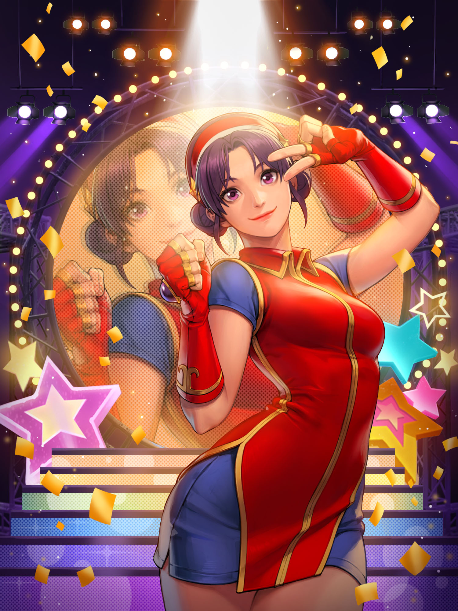 asamiya athena, the king of fighters, 1girl, breasts, curvy, dress, female focus, gloves, hair bun, hairband, hand up, looking at viewer, medium breasts, pale skin, purple eyes, purple hair, short hair, skirt, smile, smiley face, stage, stage lights, star (symbol), thick thighs, thighs, wide hips