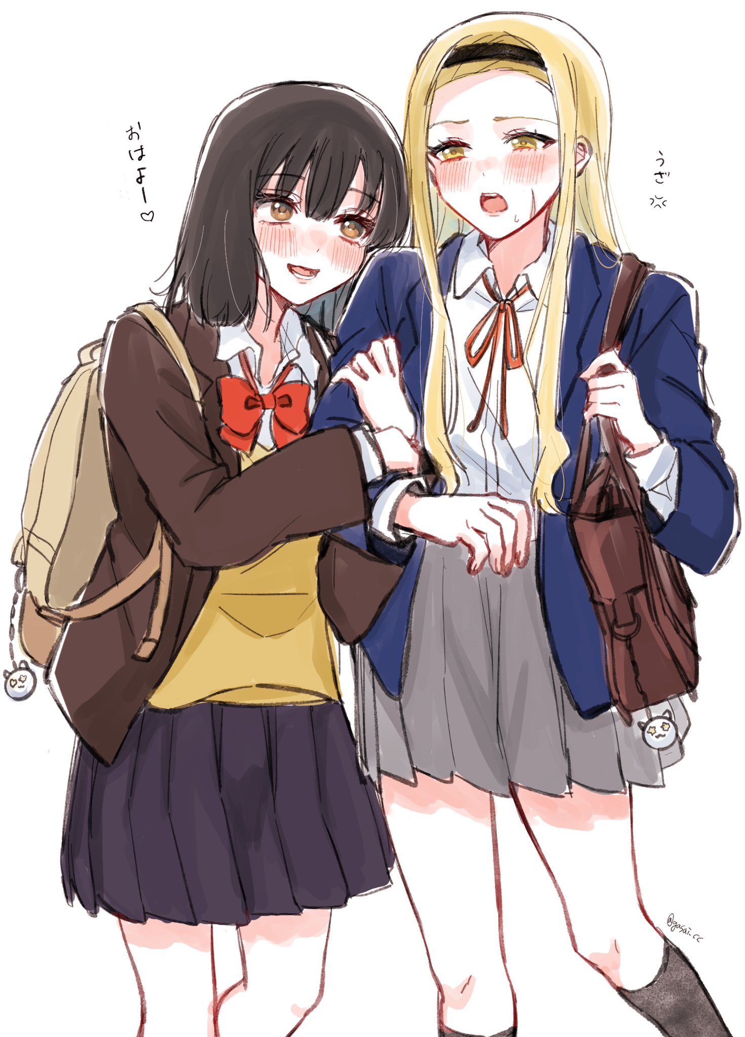 chocore, kirarazaka marina, kuze shizuka, takopii no genzai, highres, translation request, anger vein, black hair, black hairband, blazer, blonde hair, blue jacket, blush, bow, brown eyes, couple, embarrassed, full-face blush, hairband, jacket, locked arms, long hair, multiple girls, pleated skirt, ribbon, scar, scar on face, school uniform, simple background, skirt, smile, speech bubble, spoken anger vein, sweater, white background, yellow eyes, yuri