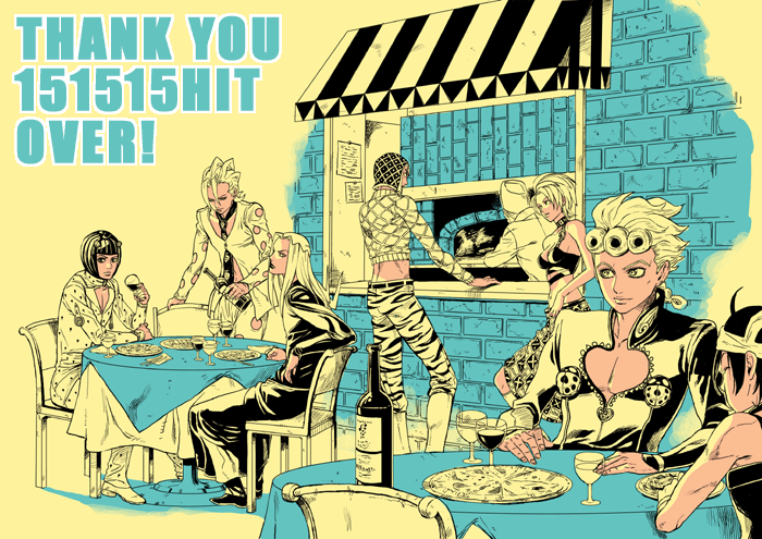 mahito (tranjistor), tranjistor, bruno bucciarati, fugo pannacotta, giorno giovanna, guido mista, leone abbacchio, narancia ghirga, pannacotta fugo, trish una, jojo no kimyou na bouken, vento aureo, 1girl, 6+boys, alcohol, belt, bob cut, bottle, braid, brick wall, bug, cafe, chair, chef, cleavage cutout, clothing cutout, coat, cooking, crossed legs, cup, drinking, drinking glass, eating, fashion, food, formal clothes, hat, insect, ladybug, long hair, long skirt, long sleeves, midriff, milestone celebration, multiple boys, multiple monochrome, necktie, outdoors, oven, pants, pizza, restaurant, short hair, side cutout, sitting, skirt, suit, table, trench coat, turtleneck, wine, wine glass, zipper