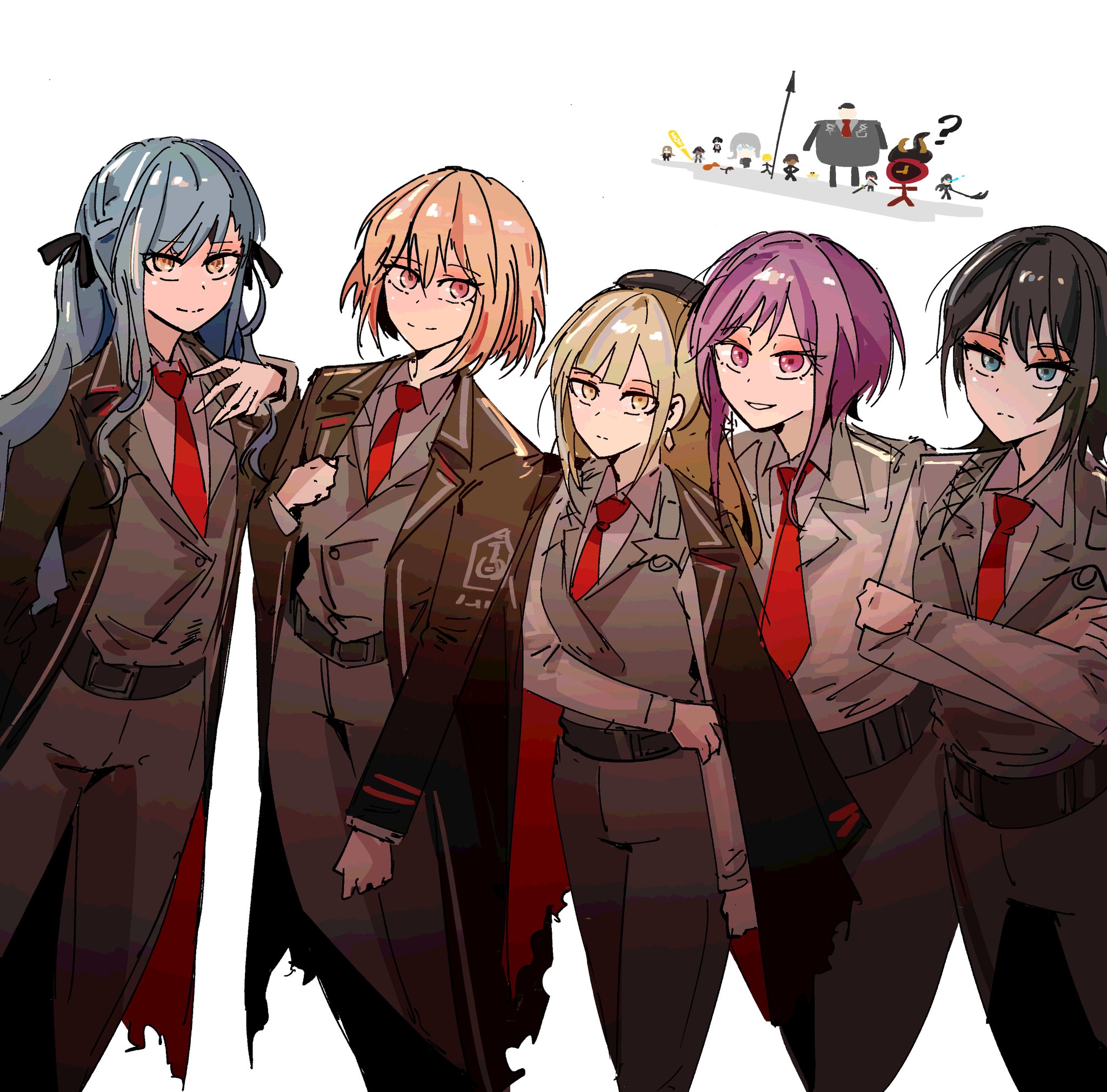 arczaeon, misumi uika, togawa sakiko, wakaba mutsumi, yahata umiri, yuutenji nyamu, ave mujica (bang dream!), bang dream!, bang dream! it's mygo!!!!!, limbus company, project moon, highres, 5girls, belt, beret, black belt, black coat, black ribbon, blue hair, braid, coat, cowboy shot, grey pants, grey vest, hat, lapels, lcb uniform (project moon), long hair, looking at viewer, multiple girls, notched lapels, pants, parted lips, purple hair, ribbon, short hair, sidelocks, simple background, smile, two side up, vest, white background