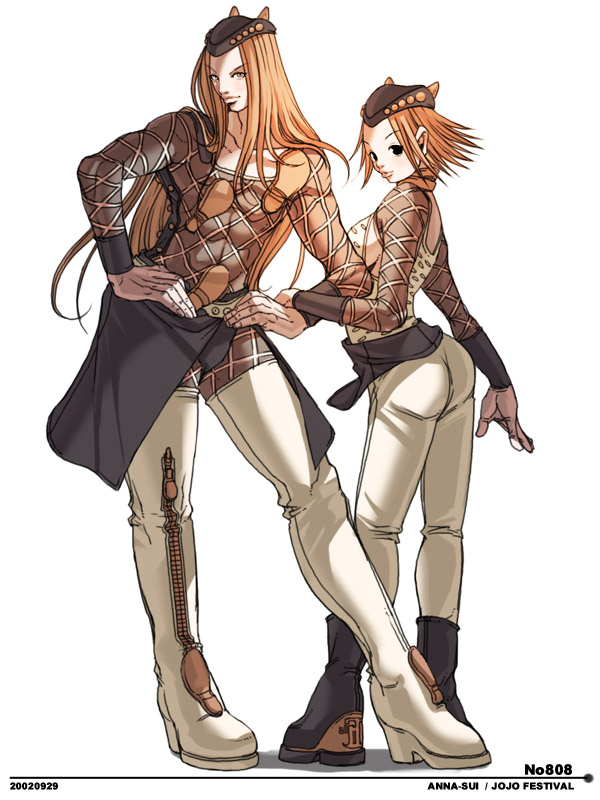 falcoon, narciso anasui, jojo no kimyou na bouken, stone ocean, white footwear, 1boy, 1girl, abs, ass, black eyes, boots, dual persona, full body, genderswap, genderswap (mtf), hands on own hips, hat, long hair, looking back, multiple persona, muscular, orange eyes, orange hair, shoes, short hair, simple background, smile, thigh boots, thighhighs, very long hair, white thighhighs