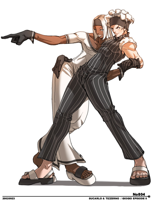 falcoon, squalo, tiziano, jojo no kimyou na bouken, 1boy, character name, dark-skinned male, dark skin, dated, gloves, headband, holding hands, lipstick, long hair, makeup, male focus, muscular, pointing, sandals, short hair, simple background, smile, solo, trap, white background, white hair