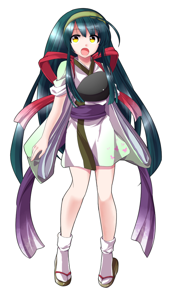 dairi, touhoku zunko, voiceroid, commentary request, large variant set, variant set, 1girl, animal print, armor, breastplate, butterfly print, full body, gradient ribbon, green hair, green hairband, green kimono, hairband, japanese clothes, kimono, long hair, muneate, purple sash, red ribbon, ribbon, sandals, sash, socks, solo, standing, tachi-e, transparent background, two-tone kimono, very long hair, white kimono, white socks