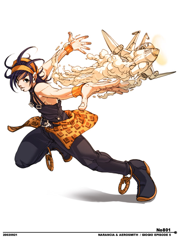falcoon, aerosmith (stand), narancia ghirga, jojo no kimyou na bouken, vento aureo, 1boy, aircraft, airplane, bare shoulders, belt, black eyes, black hair, choker, headband, male focus, messy hair, short hair, solo, stand (jojo), wristband