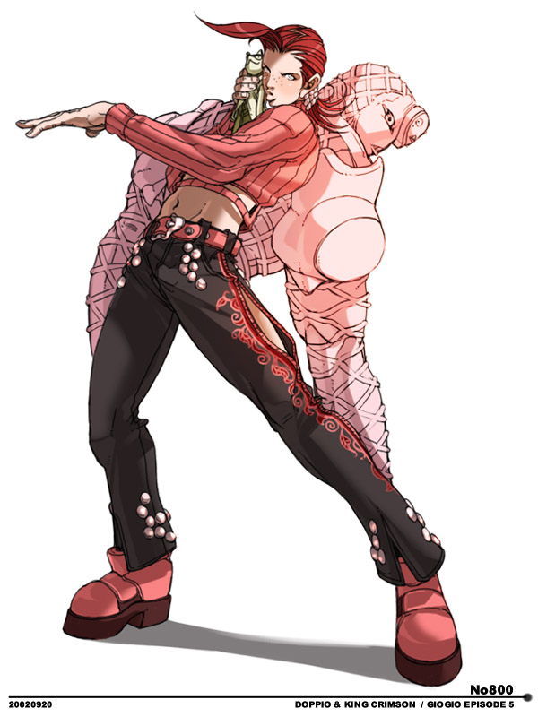 falcoon, king crimson (stand), vinegar doppio, jojo no kimyou na bouken, vento aureo, 1boy, belt, freckles, male focus, midriff, navel, pants, red hair, shoes, solo, stand (jojo), sweater