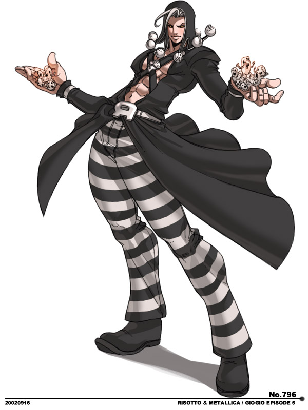 falcoon, metallica (stand), risotto nero, jojo no kimyou na bouken, striped, abs, hat, male focus, midriff, navel, solo, stand (jojo)
