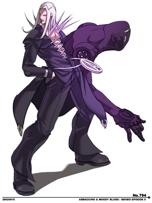 falcoon, leone abbacchio, moody blues (stand), jojo no kimyou na bouken, 1boy, black lips, hat, lipstick, long hair, makeup, male focus, purple lips, shoes, solo, stand (jojo), white hair