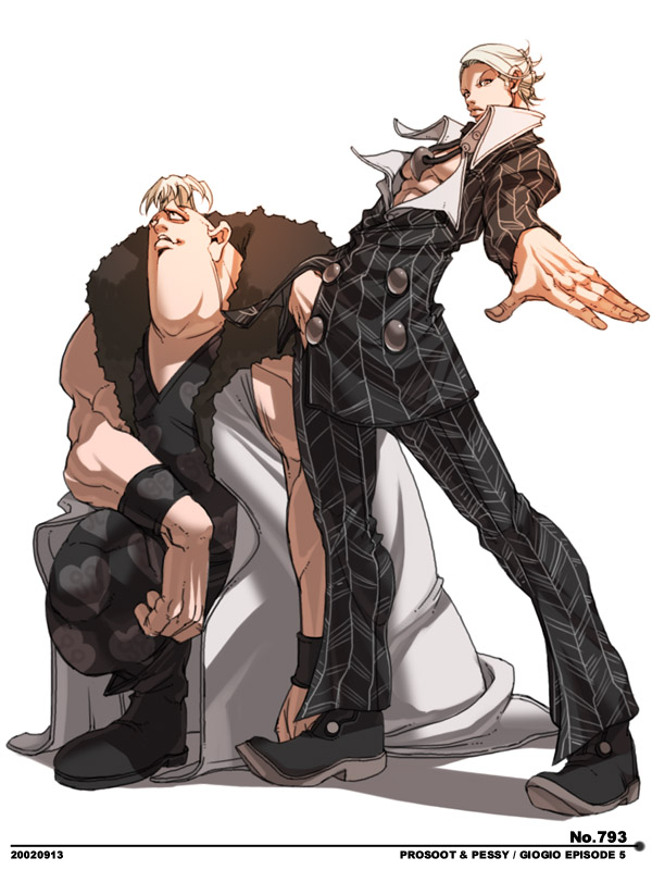 falcoon, pesci, prosciutto (jojo), jojo no kimyou na bouken, vento aureo, fur, blonde hair, jewelry, long coat, magatama, magatama necklace, male focus, necklace, simple background, solo, white background, wristband