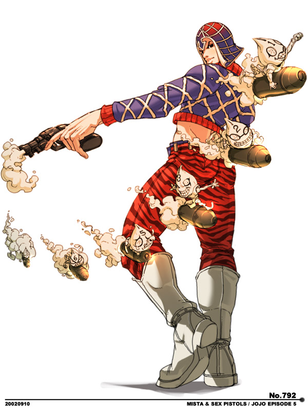 falcoon, guido mista, sex pistols (stand), jojo no kimyou na bouken, vento aureo, 1boy, animal print, argyle clothes, argyle sweater, boots, bullet, gun, hat, male focus, midriff, pants, solo, stand (jojo), sweater, tiger print, turtleneck, weapon