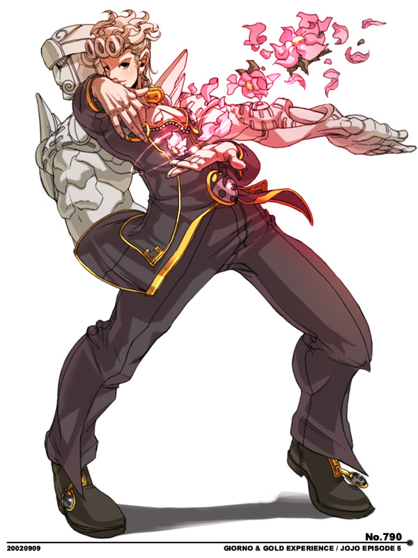 falcoon, giorno giovanna, gold experience, jojo no kimyou na bouken, vento aureo, blonde hair, character name, flower, male focus, petals, solo, stand (jojo)
