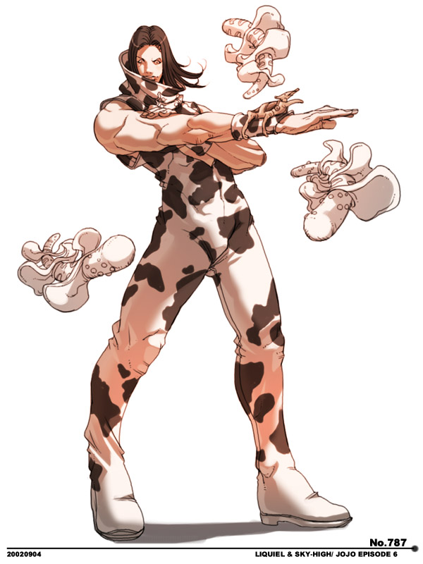falcoon, rikiel, sky high (stand), jojo no kimyou na bouken, stone ocean, 1boy, animal print, black hair, boy cow, cow, cow print, long hair, male focus, sleeveless, solo, stand (jojo), wristband