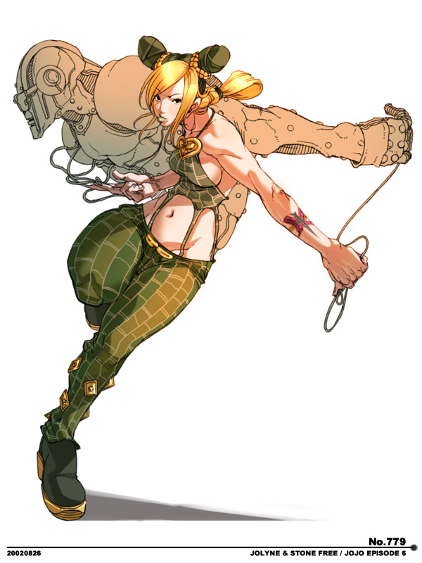 falcoon, kuujou jolyne, stone free, jojo no kimyou na bouken, stone ocean, 1girl, bare shoulders, biceps, breasts, cone hair bun, double bun, female focus, green lips, hair bun, hip focus, lipstick, makeup, midriff, multicolored hair, navel, sideboob, small breasts, solo, stand (jojo), tattoo, wide hips