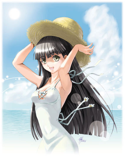 yuu (yuyukaikan), 1girl, armpits, arms up, black hair, cloud, day, female focus, hat, lens flare, long hair, looking at viewer, open mouth, sky, smile, solo, straw hat, sun, sun hat, water, yellow eyes