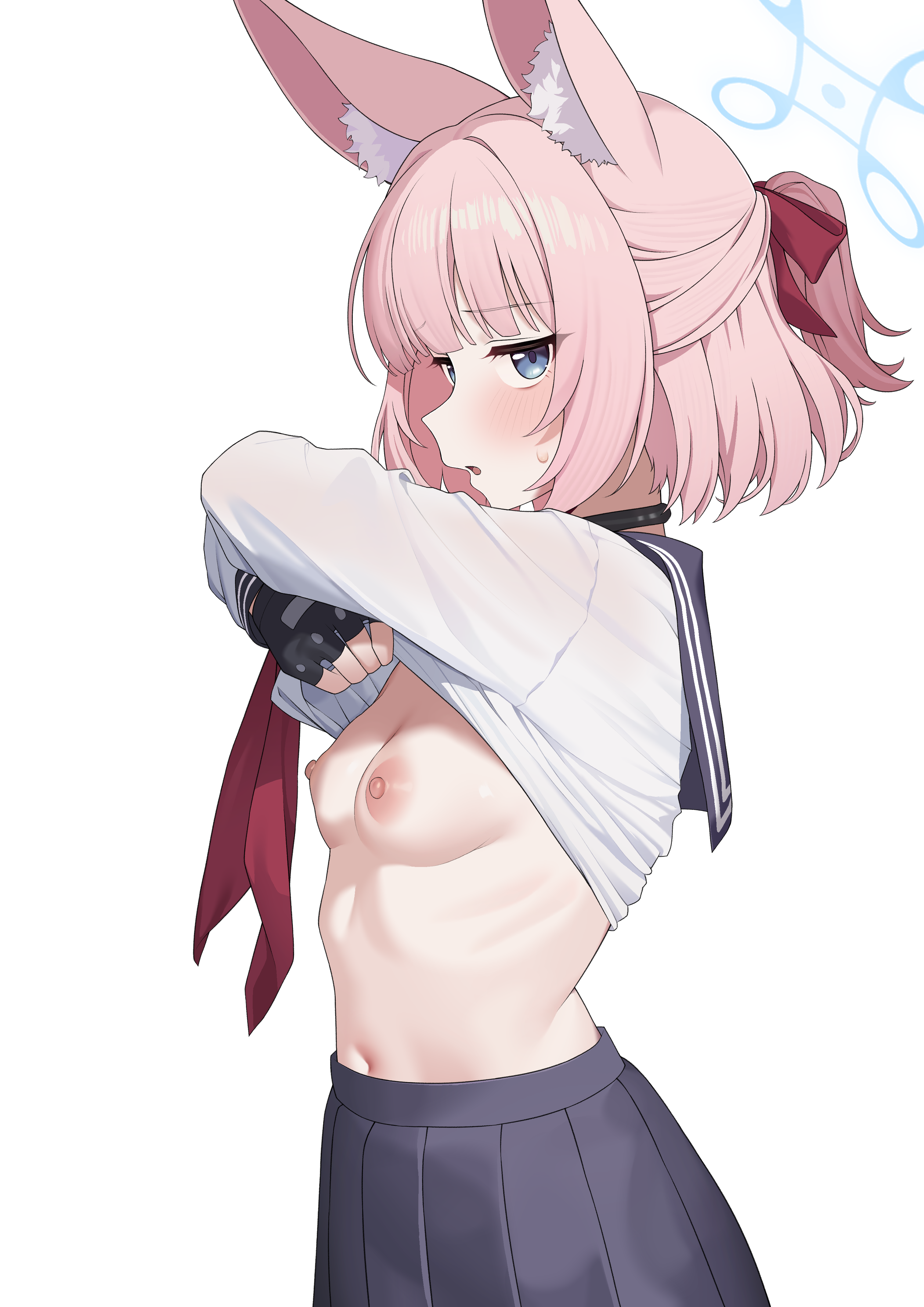 0haribo0, niko (blue archive), blue archive, absurdres, commentary request, highres, 1girl, animal ear fluff, animal ears, black gloves, black sailor collar, black skirt, blue eyes, blush, breasts, clothes lift, fingerless gloves, fox ears, fox girl, from side, gloves, hair ribbon, half updo, lifting own clothes, long sleeves, looking at viewer, nipples, no bra, open mouth, pink hair, red ribbon, ribbon, sailor collar, shirt lift, short hair, simple background, skirt, small breasts, solo, sweat, white background