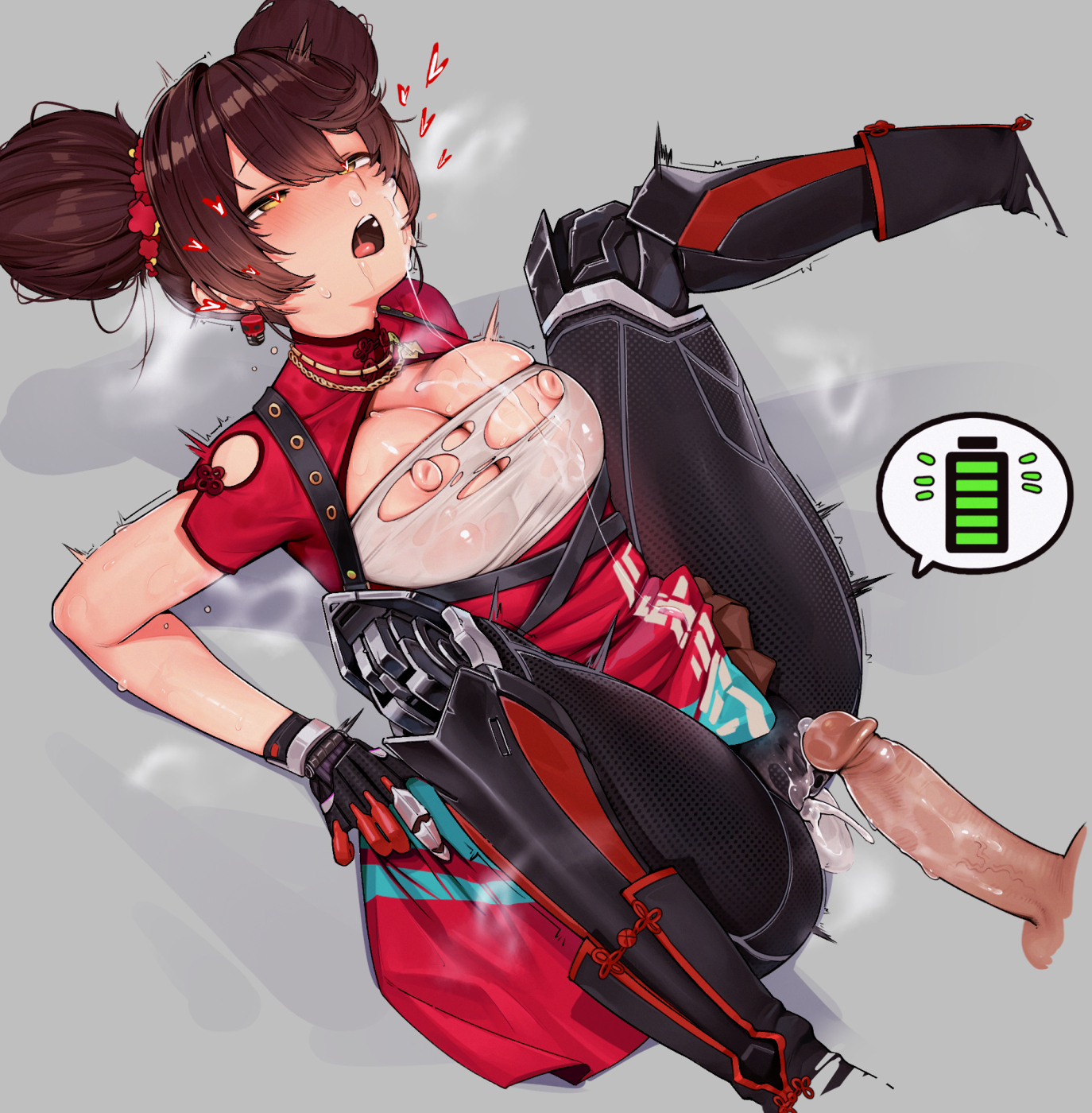 rat huang, roboco-san, roboco-san (oriental-style battle), hololive, highres, 1boy, 1girl, blush, brown hair, china dress, chinese clothes, clothes lift, cum, cumdrip, disembodied penis, double bun, dress, dress lift, flower, framed breasts, gold necklace, grey background, hair between eyes, hair bun, hair flower, hair ornament, heavy breathing, jewelry, m legs, mechanical legs, necklace, nipple slip, nipples, official alternate costume, official alternate hairstyle, open mouth, penis, red dress, saliva, short sleeves, simple background, spread legs, teeth, torn clothes, upper teeth only, virtual youtuber