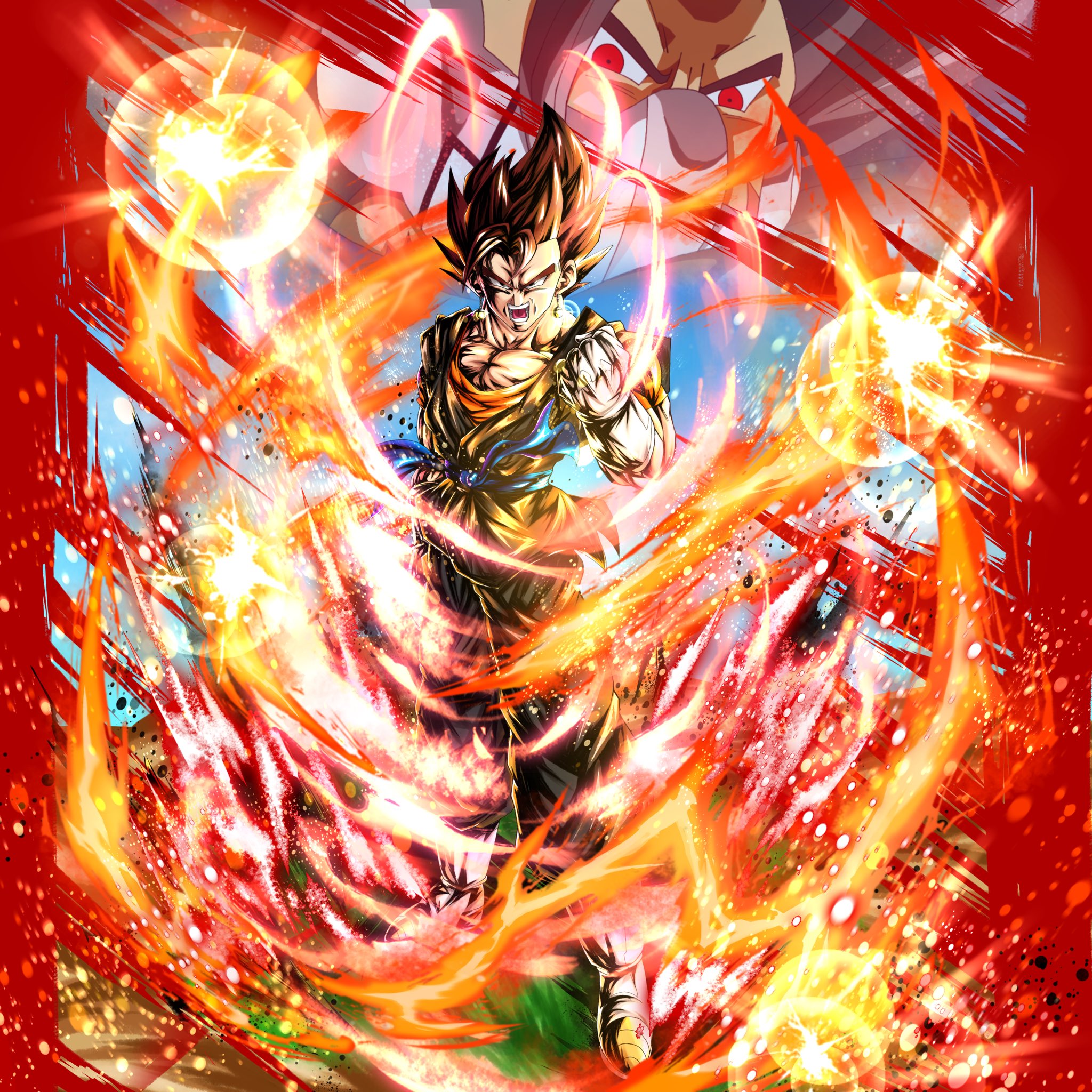 cumber, vegetto, dragon ball, dragon ball heroes, highres, 2boys, aura, black hair, black shirt, blue sash, boots, brown hair, buuchan dbart, fire, gloves, light particles, mask, multiple boys, muscular, muscular male, open mouth, orange shirt, red eyes, saiyan, sash, shirt, sparkle, teeth, white boots, white gloves