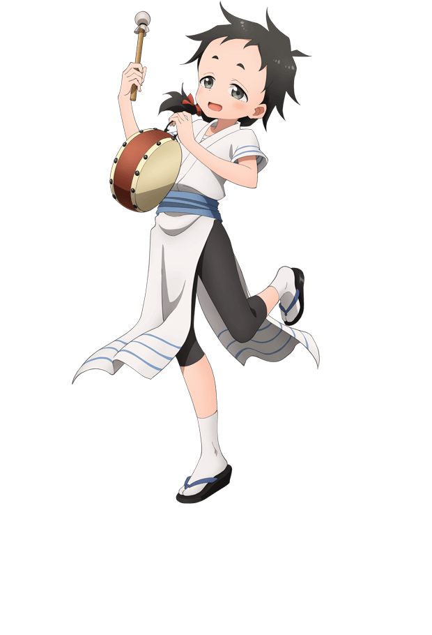 okuda yousuke, mukuge (kunoichi tsubaki no mune no uchi), kunoichi tsubaki no mune no uchi, official art, 1girl, :d, anime coloring, arched back, black hair, black pants, black sandals, blue sash, blush, breasts, drum, drumsticks, flat chest, full body, hair ribbon, holding, holding drumsticks, instrument, japanese clothes, kimono, leg up, looking at viewer, low ponytail, medium hair, obi, open mouth, pants, pelvic curtain, ponytail, red ribbon, ribbon, sandals, sash, short eyebrows, short sleeves, simple background, smile, socks, solo, spiked hair, standing, standing on one leg, tachi-e, taiko drum, tareme, thick eyebrows, transparent background, white kimono, white socks, zouri