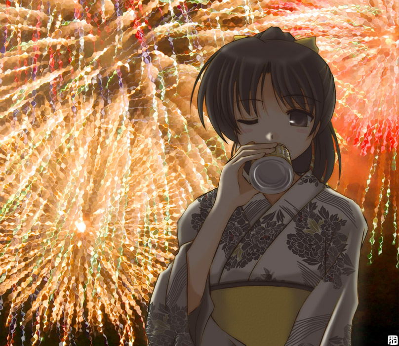hana (hana mo arashi mo), original, 1girl, aerial fireworks, alcohol, beer, black hair, female focus, fireworks, japanese clothes, kimono, one eye closed, solo, yukata