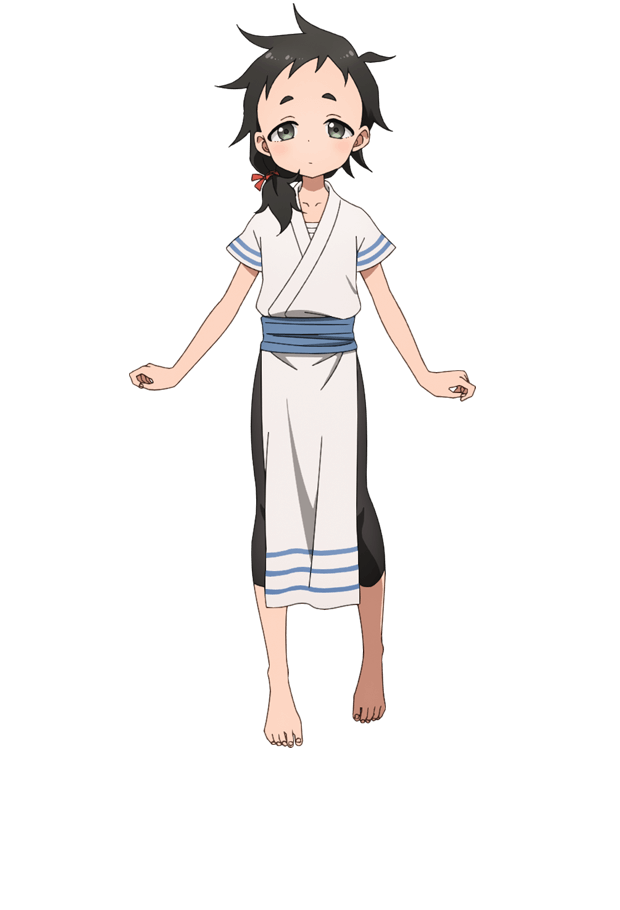 okuda yousuke, mukuge (kunoichi tsubaki no mune no uchi), kunoichi tsubaki no mune no uchi, official art, 1girl, anime coloring, black hair, black pants, blue sash, blush, breasts, flat chest, full body, hair ribbon, japanese clothes, kimono, looking at viewer, low ponytail, medium hair, obi, pants, pelvic curtain, ponytail, red ribbon, ribbon, sash, short eyebrows, short sleeves, simple background, solo, spiked hair, standing, tachi-e, tareme, thick eyebrows, transparent background, white kimono