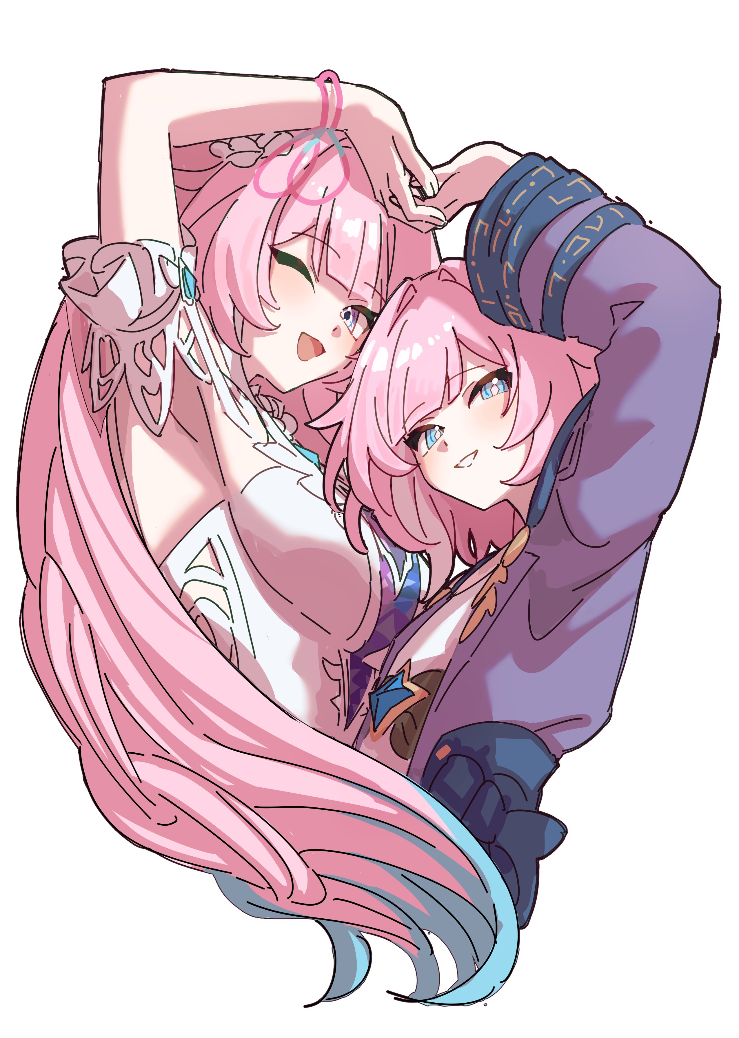 neneneneko, cyrene (honkai: star rail), cyrene (ripples of past reverie) (honkai: star rail), honkai: star rail, honkai (series), absurdres, commentary, highres, symbol-only commentary, 2girls, ;o, blue eyes, blue hair, breasts, coat, cropped torso, cyrene (aedes elysiae) (honkai: star rail), dress, dual persona, holding hands, large breasts, long hair, multicolored hair, multiple girls, one eye closed, purple coat, purple eyes, short hair, simple background, small breasts, smile, two-tone hair, very long hair, white background, white dress