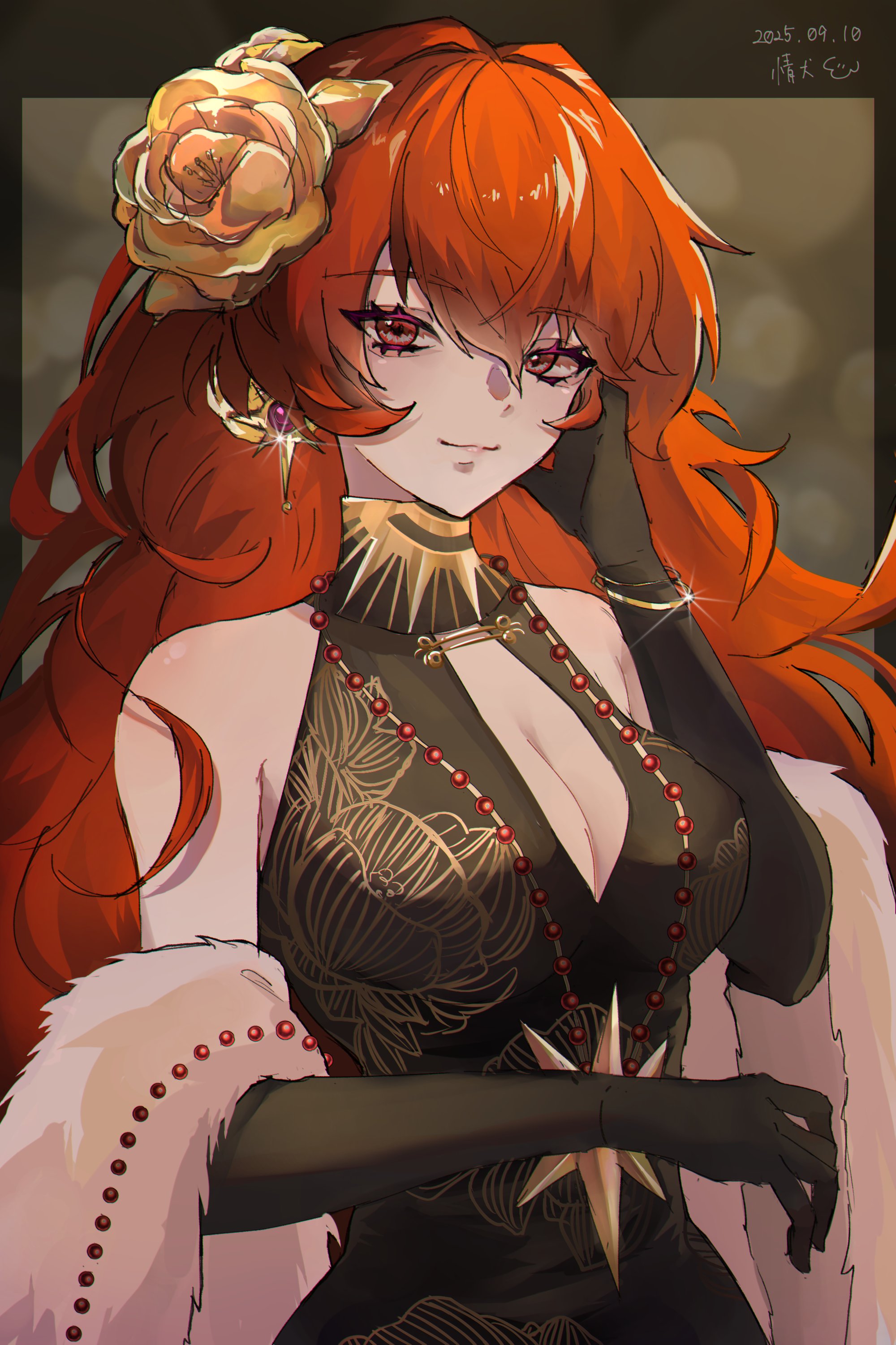 augusta (wuthering waves), wuthering waves, absurdres, commentary, highres, 1girl, bare shoulders, black dress, black gloves, breasts, cleavage, closed mouth, dress, earrings, elbow gloves, feather boa, flower, gloves, hair between eyes, hair flower, hair ornament, halter dress, halterneck, hand up, jewelry, large breasts, long hair, looking at viewer, official alternate costume, orange hair, otakebi tomato, red eyes, smile, solo