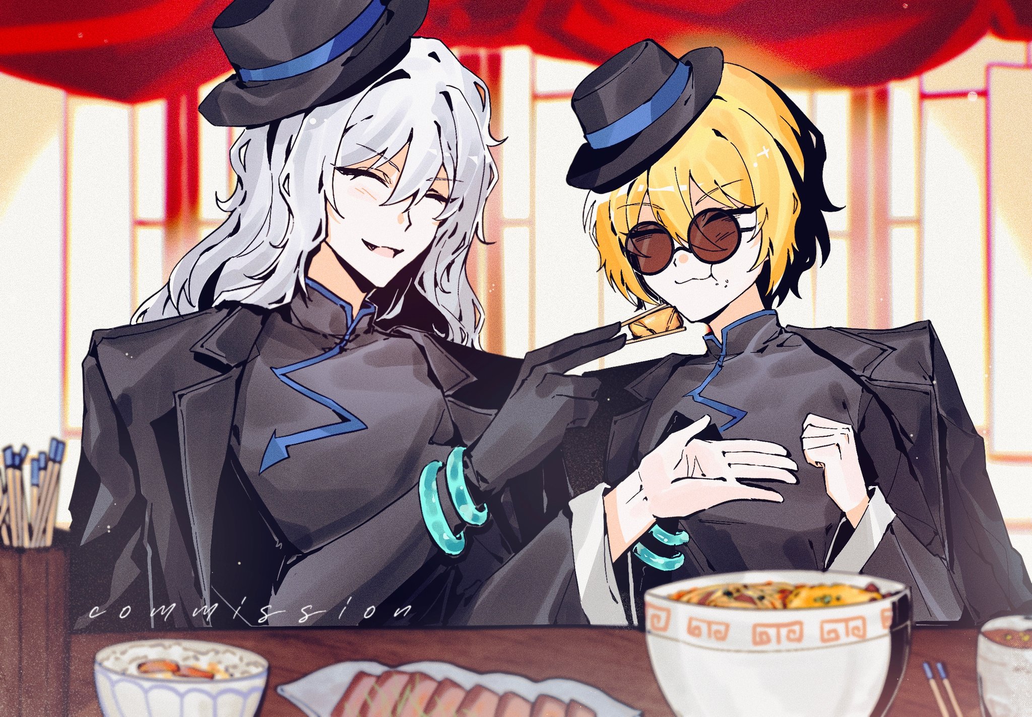 nana nana bot, don quixote (project moon), limbus company, project moon, highres, 1boy, 1girl, :3, black coat, black dress, black gloves, black hat, blonde hair, brown-tinted eyewear, china dress, chinese clothes, chopsticks, cinq association east uniform, closed eyes, coat, coat on shoulders, dress, eating, glasses, gloves, hat, jade bracelet, la manchaland's don quixote (project moon), long hair, long sleeves, looking at another, opaque glasses, open mouth, partially opaque glasses, partially opaque sunglasses, pov across table, round eyewear, short hair, single glove, tilted headwear, tinted eyewear, upper body, white hair