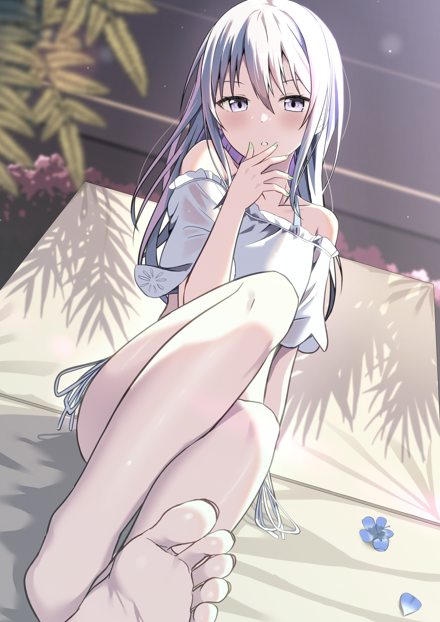 cac itinose, original, commentary request, highres, 1girl, bare shoulders, barefoot, bikini, blue flower, blurry, blurry background, blush, collarbone, depth of field, feet, flower, frilled shirt, frills, green nails, grey eyes, grey hair, hair between eyes, hand to own mouth, hand up, knee up, long hair, looking at viewer, multicolored hair, nail polish, off-shoulder shirt, off shoulder, parted lips, purple hair, shirt, side-tie bikini bottom, sitting, soles, solo, swimsuit, toes, two-tone hair, white bikini, white shirt