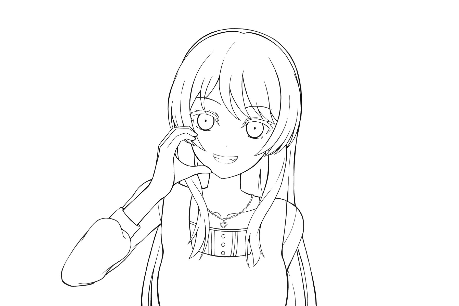 atama (abmbbmsbcg), chihaya anon, bang dream!, bang dream! it's mygo!!!!!, commentary request, highres, 1girl, clenched teeth, fang, greyscale, jewelry, lineart, long hair, long sleeves, looking at viewer, monochrome, necklace, open mouth, simple background, smile, solo, teeth, template, upper body, white background