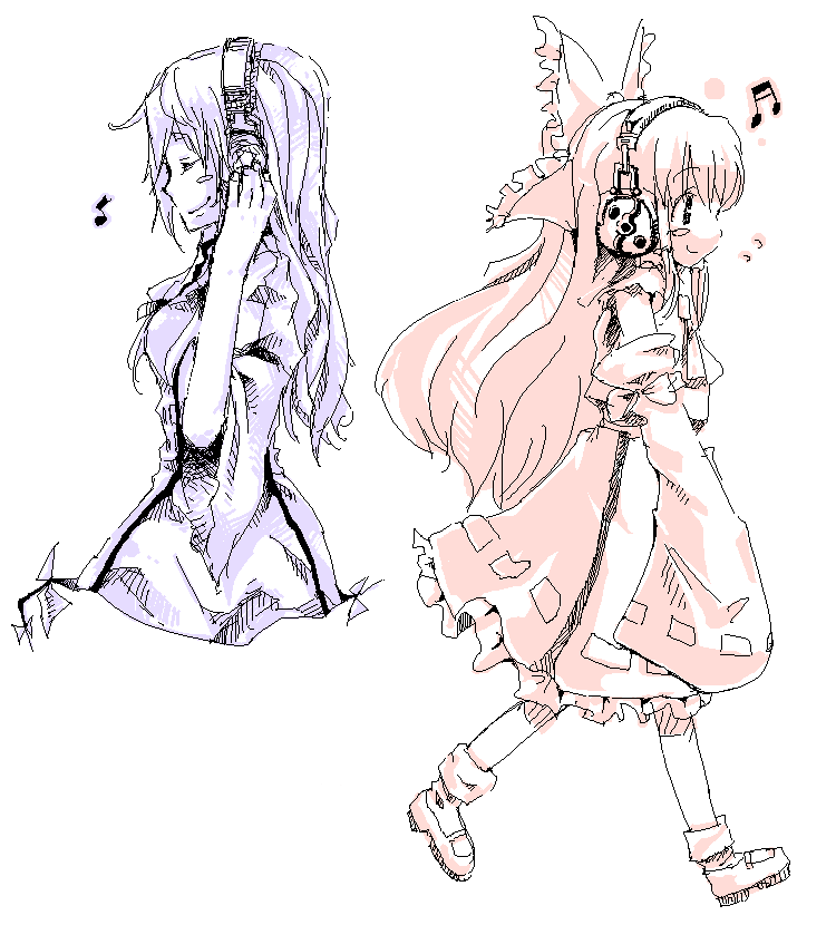 tottabi, hakurei reimu, yakumo yukari, touhou, 2girls, female focus, gap (touhou), headphones, monochrome, multiple girls, multiple monochrome, musical note, quaver, white background