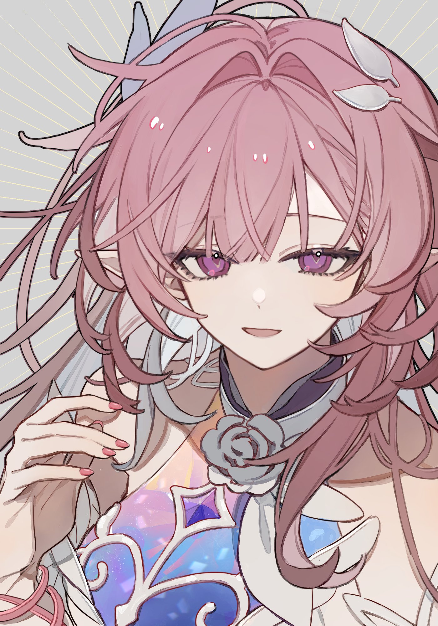 ellygretta, cyrene (honkai: star rail), cyrene (ripples of past reverie) (honkai: star rail), honkai: star rail, honkai (series), commentary, highres, symbol-only commentary, 1girl, bare shoulders, diamond-shaped pupils, diamond (shape), dress, grey background, long hair, multicolored hair, parted lips, pink hair, pink nails, pointy ears, purple eyes, simple background, solo, symbol-shaped pupils, two-tone hair, upper body, very long hair, white dress, white hair