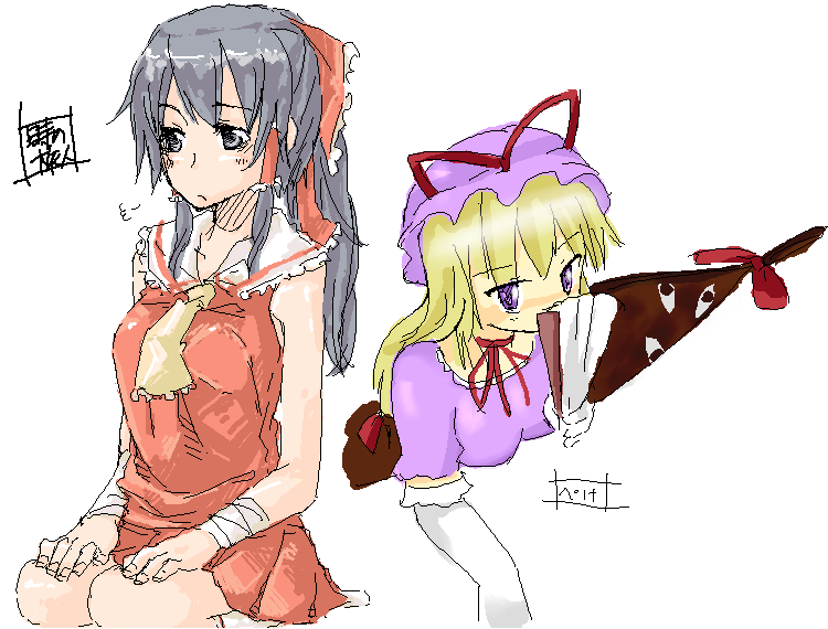 tottabi, hakurei reimu, yakumo yukari, touhou, white legwear, 2girls, ascot, bandaged arm, bandages, black eyes, black hair, blonde hair, bow, female focus, gap (touhou), hair bow, hair tubes, hand fan, hat, hat ribbon, mob cap, multiple girls, oekaki, purple eyes, red bow, red ribbon, red skirt, ribbon, seiza, simple background, sitting, skirt, skirt set, sleeveless, socks, vest, white background
