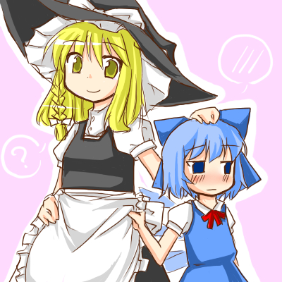 morino harifu, cirno, kirisame marisa, phantasmagoria of flower view, touhou, lowres, 2girls, ?, blonde hair, blue eyes, blue hair, blush, braid, clothes grab, female focus, hand on another's head, hat, multiple girls, side braid, smile, spoken blush, witch hat, yellow eyes