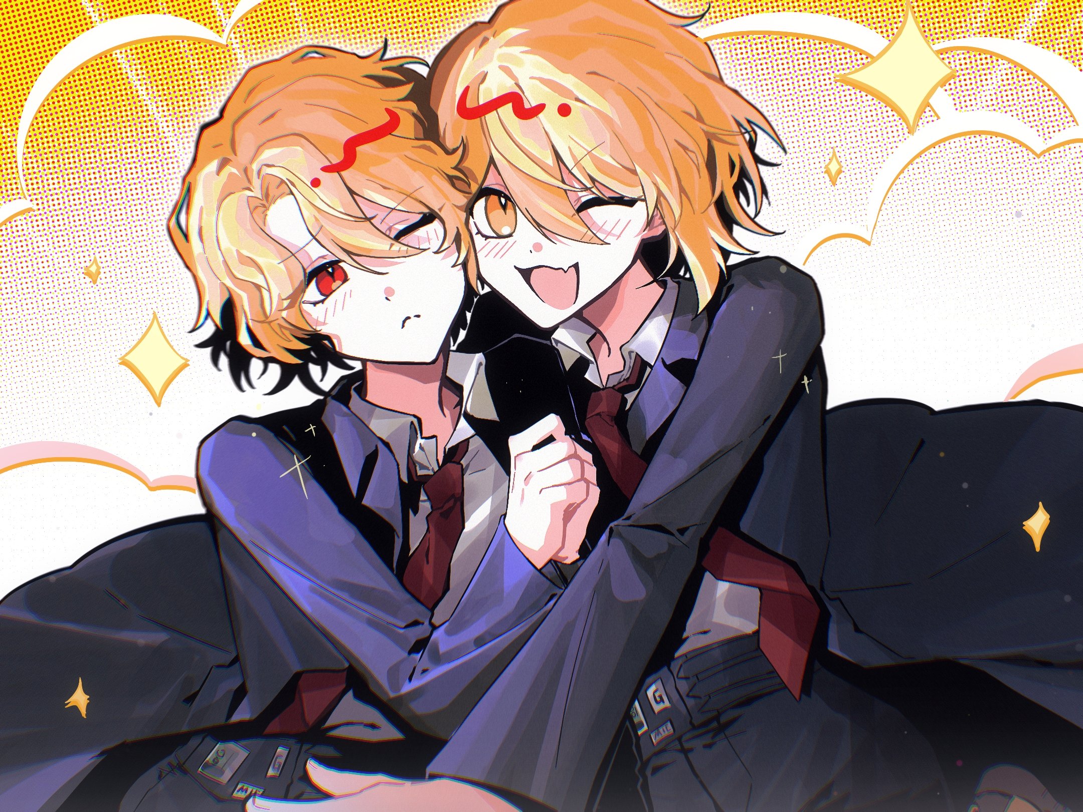 nana nana bot, don quixote (project moon), sancho (project moon), limbus company, project moon, highres, 2girls, :<, black coat, black pants, blonde hair, coat, collared shirt, fang, long sleeves, looking at another, looking at viewer, multiple girls, necktie, one eye closed, open mouth, pants, parted bangs, red eyes, red necktie, shirt, short hair, simple background, skin fang, sparkle, upper body, white shirt, yellow background