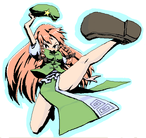 roku, roku (warrock), hong meiling, immaterial and missing power, touhou, 1girl, aqua outline, bare legs, bow, female focus, full body, hair bow, hat, kicking, long hair, oekaki, outline, red hair, shoes, short sleeves, solo, split, star (symbol), unworn hat, unworn headwear, white background