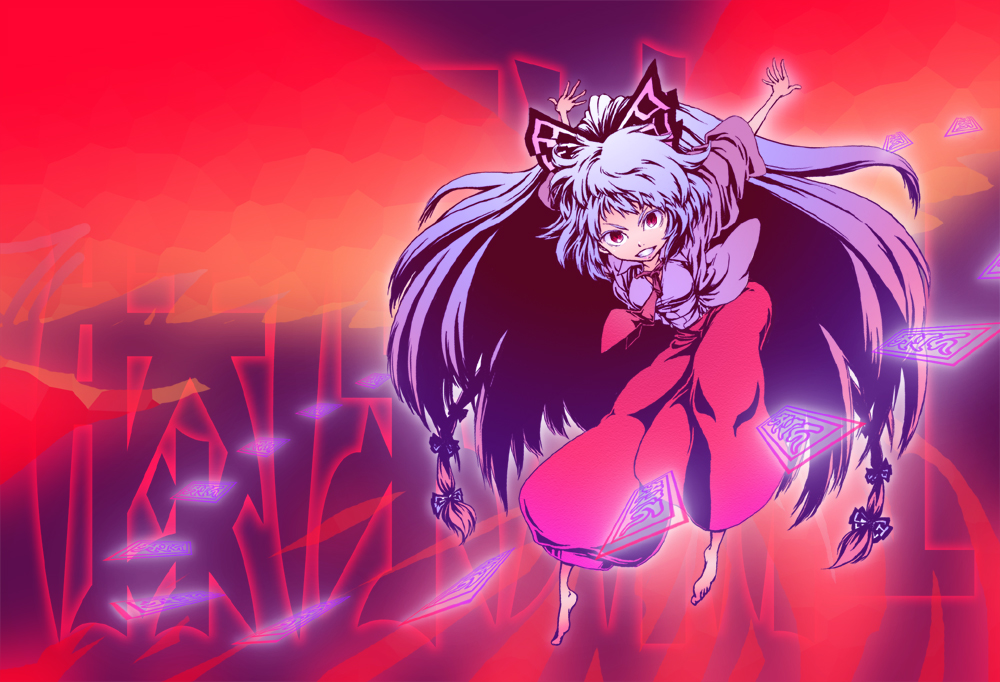 roku, roku (warrock), fujiwara no mokou, touhou, 1girl, barefoot, female focus, full body, solo, wings