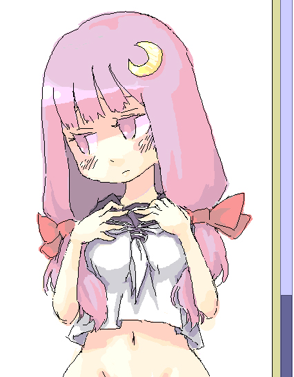 roku, roku (warrock), patchouli knowledge, touhou, looking away, 1girl, crescent, crescent hair ornament, fake scrollbar, female focus, hair ornament, long hair, midriff, navel, oekaki, out-of-frame censoring, purple eyes, purple hair, solo