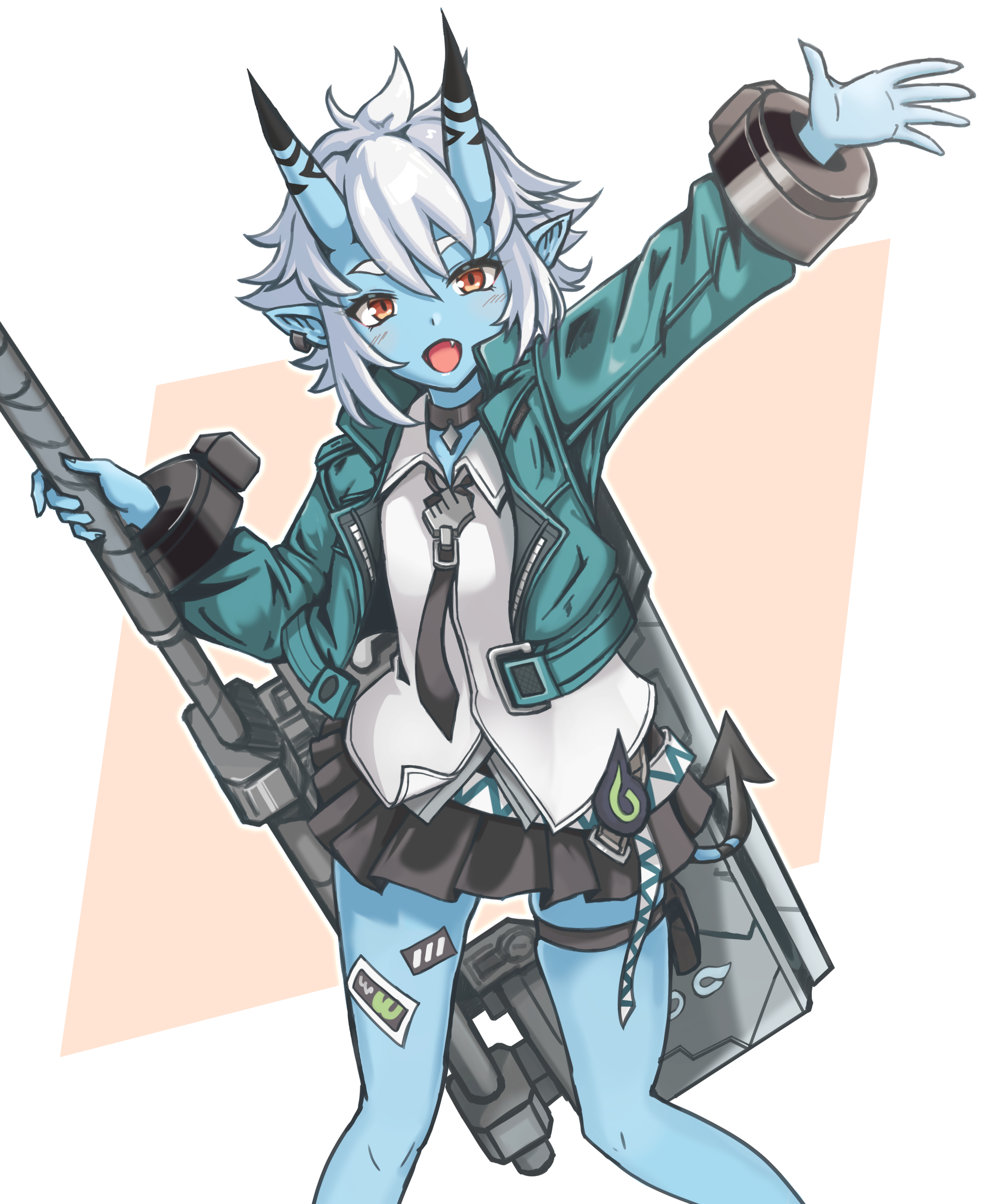 tachi (mtd), soukaku (zenless zone zero), zenless zone zero, absurdres, highres, 1girl, blue horns, blue oni, blue skin, colored skin, hair between horns, headband, horns, jacket, multicolored horns, oni, pointy ears, red eyes, shirt, short hair, sidelocks, skirt, smile, solo, two-tone horns, white hair, white shirt, yellow headband