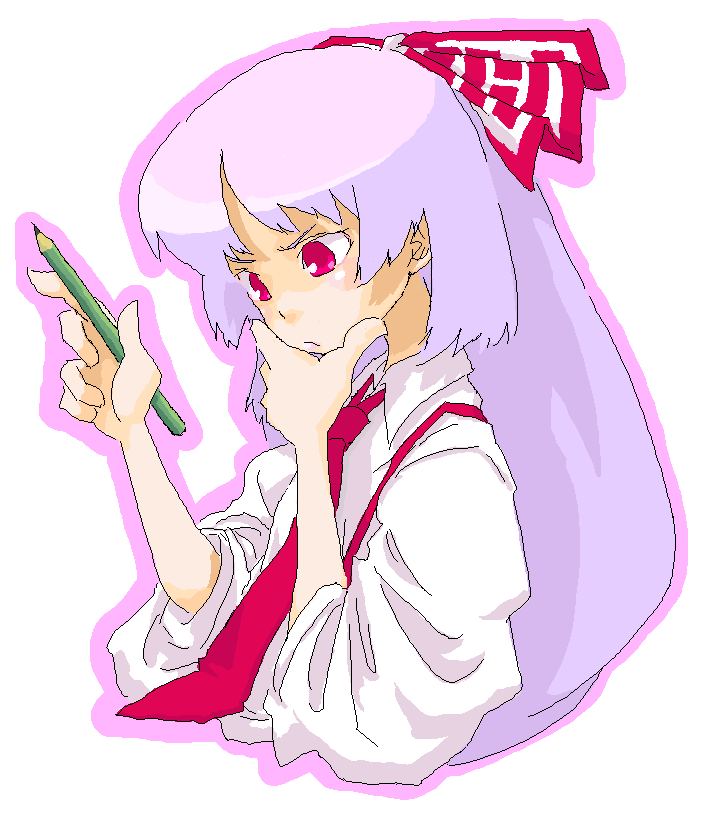 roku, roku (warrock), fujiwara no mokou, touhou, 1girl, bow, female focus, from side, hair bow, hand on own face, holding, holding pencil, long sleeves, necktie, oekaki, pencil, red bow, red necktie, simple background, solo, suspenders, thinking, white background