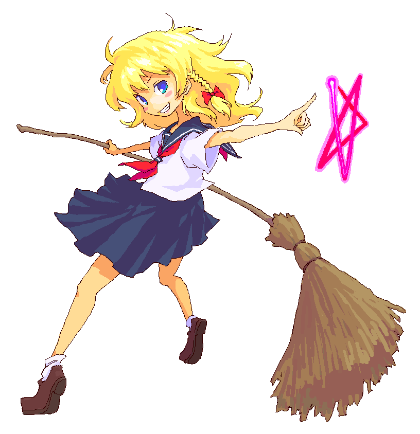 roku, roku (warrock), kirisame marisa, touhou, 1girl, alternate costume, blonde hair, blue eyes, braid, broom, female focus, oekaki, school uniform, serafuku, solo