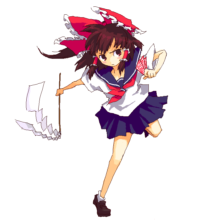 roku, roku (warrock), hakurei reimu, touhou, 1girl, alternate costume, female focus, gohei, hair tubes, oekaki, ofuda, school uniform, serafuku, solo