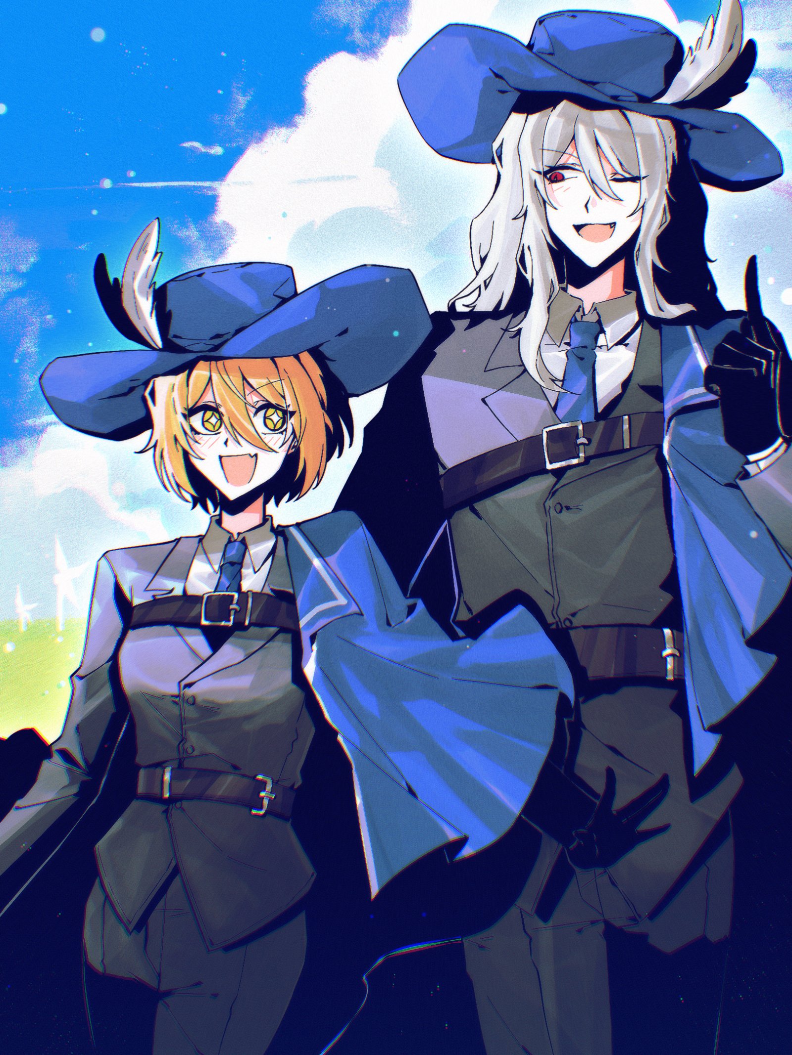 nana nana bot, don quixote (project moon), limbus company, project moon, highres, + +, 1boy, 1girl, :d, black gloves, black jacket, black pants, blonde hair, blue cape, blue hat, blue necktie, blue sky, cape, cavalier hat, cinq association south uniform, cloud, collared shirt, fang, gloves, hat, hat feather, jacket, la manchaland's don quixote (project moon), long hair, looking at another, musketeer, necktie, one eye closed, open mouth, outdoors, pants, plume, red eyes, shirt, short hair, simple background, skin fang, sky, smile, sparkling eyes, standing, upper body, white hair, white shirt, yellow eyes