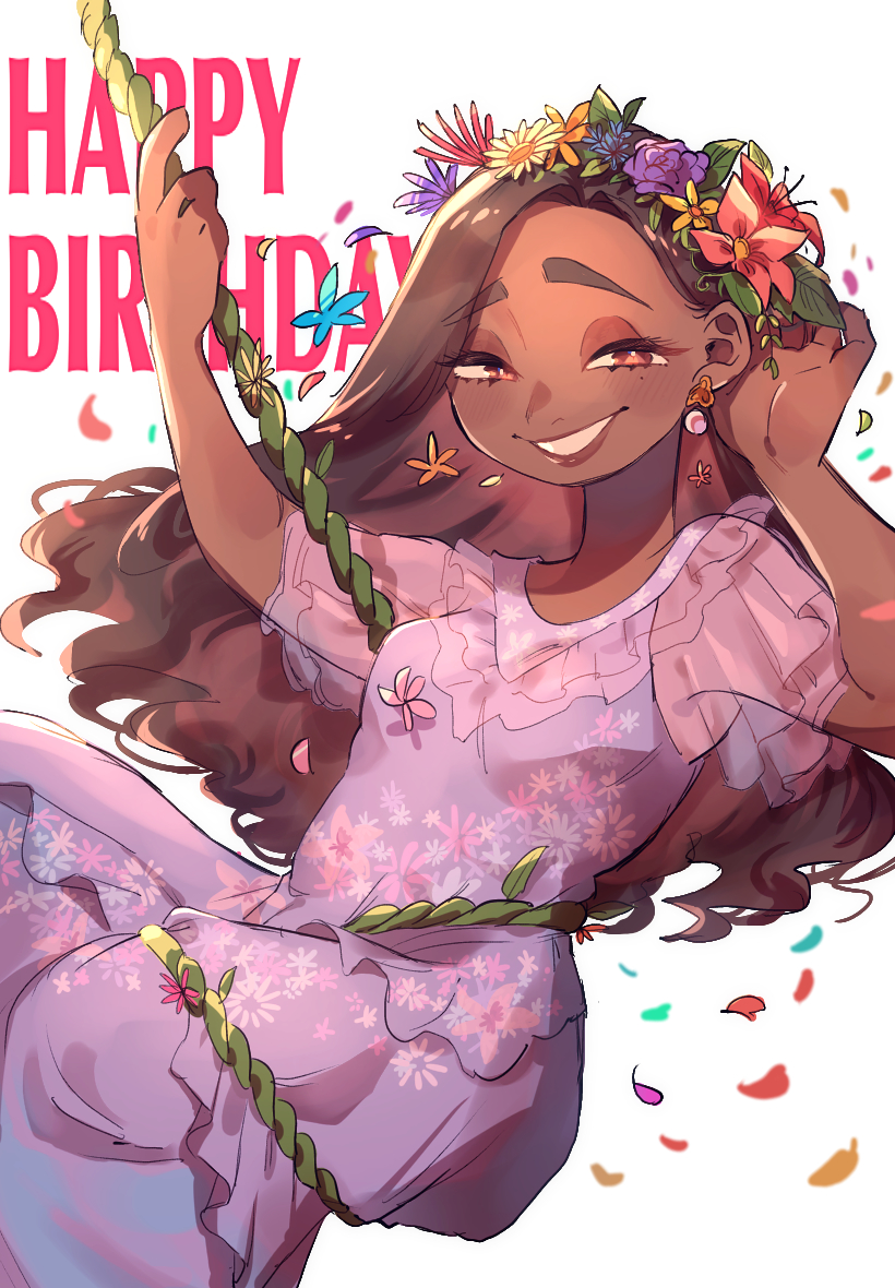 isabela madrigal, encanto, 1girl, arepa, brown eyes, brown hair, colombian clothes, dark-skinned female, dark skin, dress, earrings, flower, hair flower, hair ornament, jewelry, long hair, miz esc, mole, mole under eye, purple dress, purple petals, simple background, smile, solo