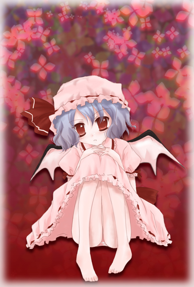 shima hinako, remilia scarlet, touhou, 1girl, bat wings, female focus, hat, mob cap, solo, wings